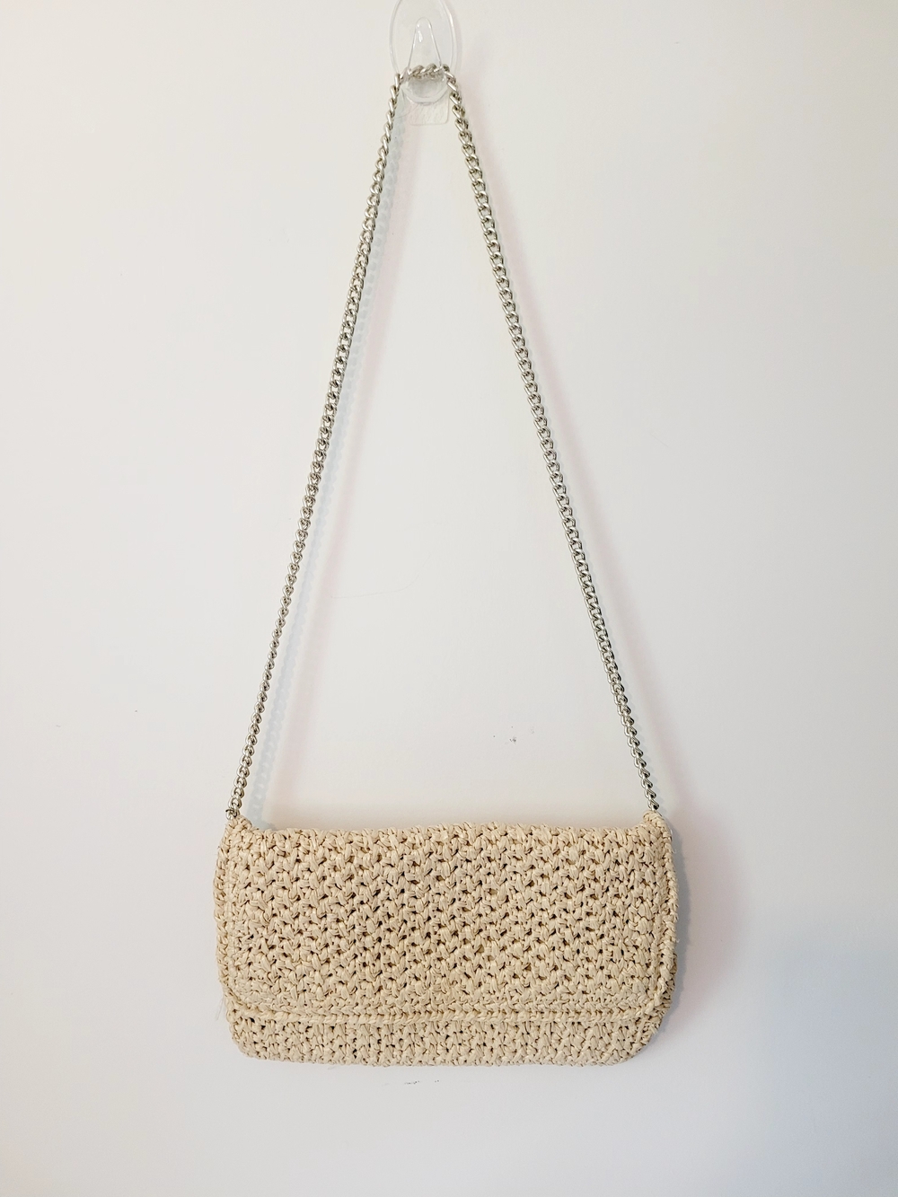 Unk Cream Woven Crochet Crossbody Bag with Silver Chain